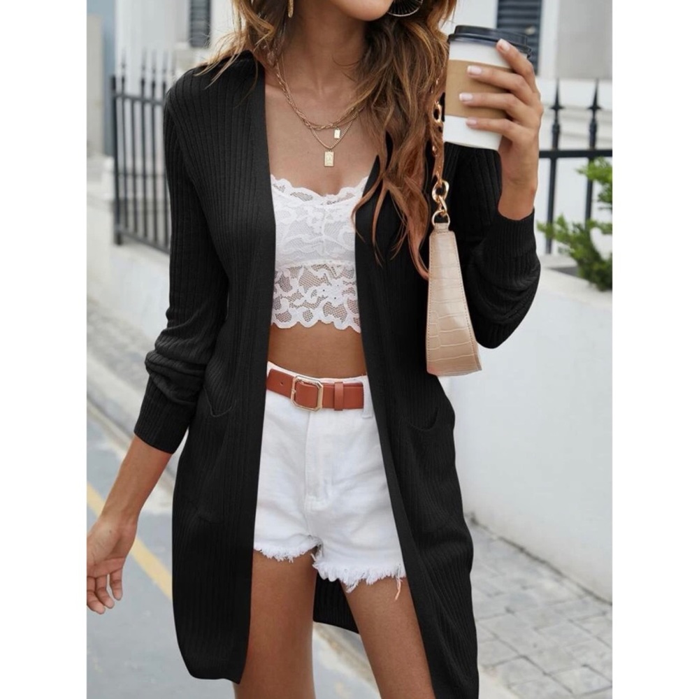 RIBBED CARDIGAN WITH POCKETS- BLACK